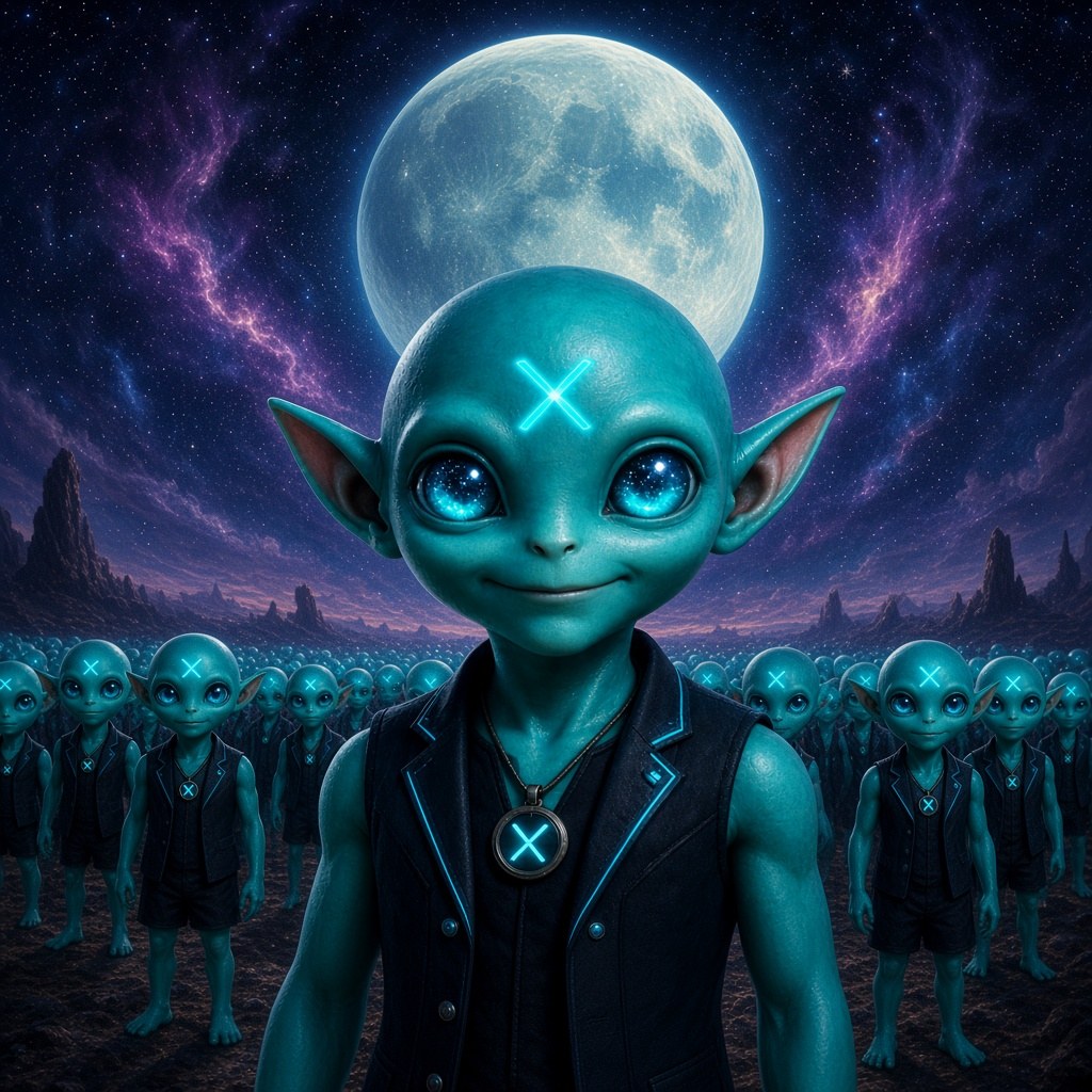 GROKLET standing before a crowd of smaller marked wanderers under a moon